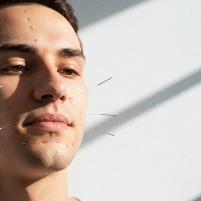Acupuncture needles on a patient's face