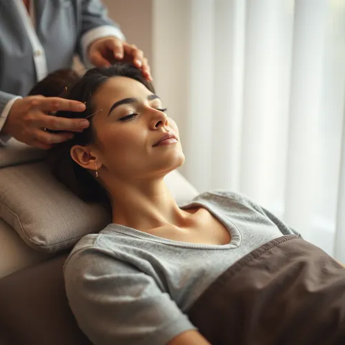 Frau entspannt sich während einer Akupunkturbehandlung zur Verbesserung der Sehkraft